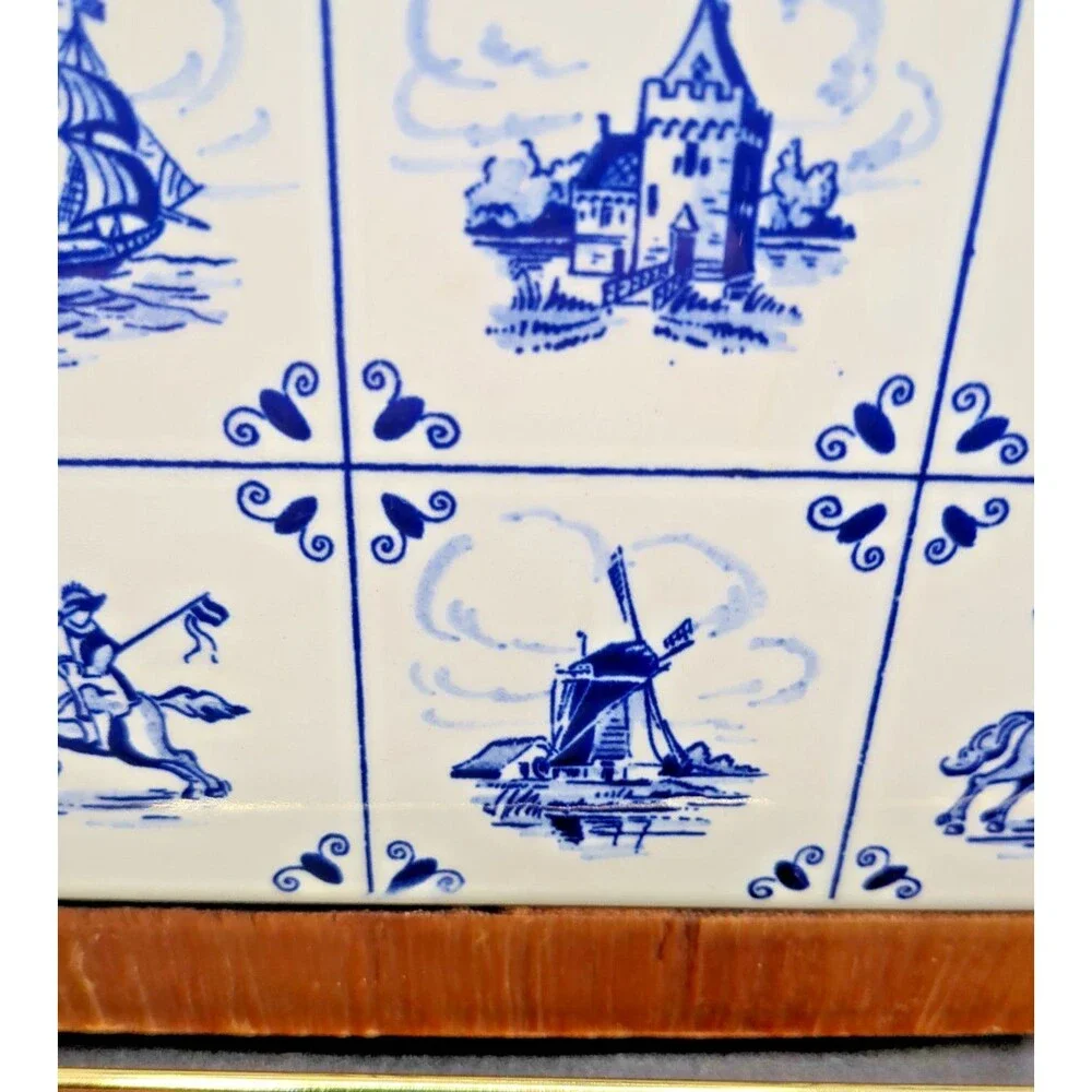 VTG Wood Tile TRIVET Holland Windmill Soldiers Ships w Handle 12.5